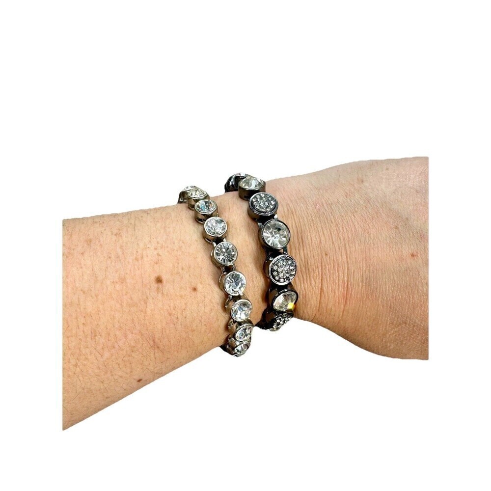 Lot Of 2 Crystal Rhinestone Statement Bracelet Bangle Magnetic Black & Silver